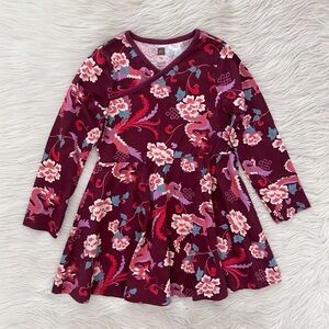 Tea Collection Burgundy Floral Full Skirt Wrap Neck Dress Bhutanese Dragon Dress